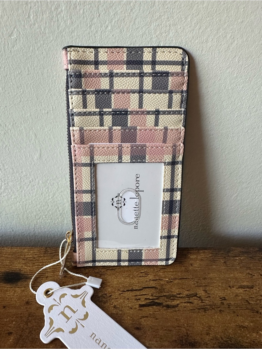 Nanette Lepore Pink & Cream Plaid Card Wallet with Zipper Pocket & ID Slot NWT